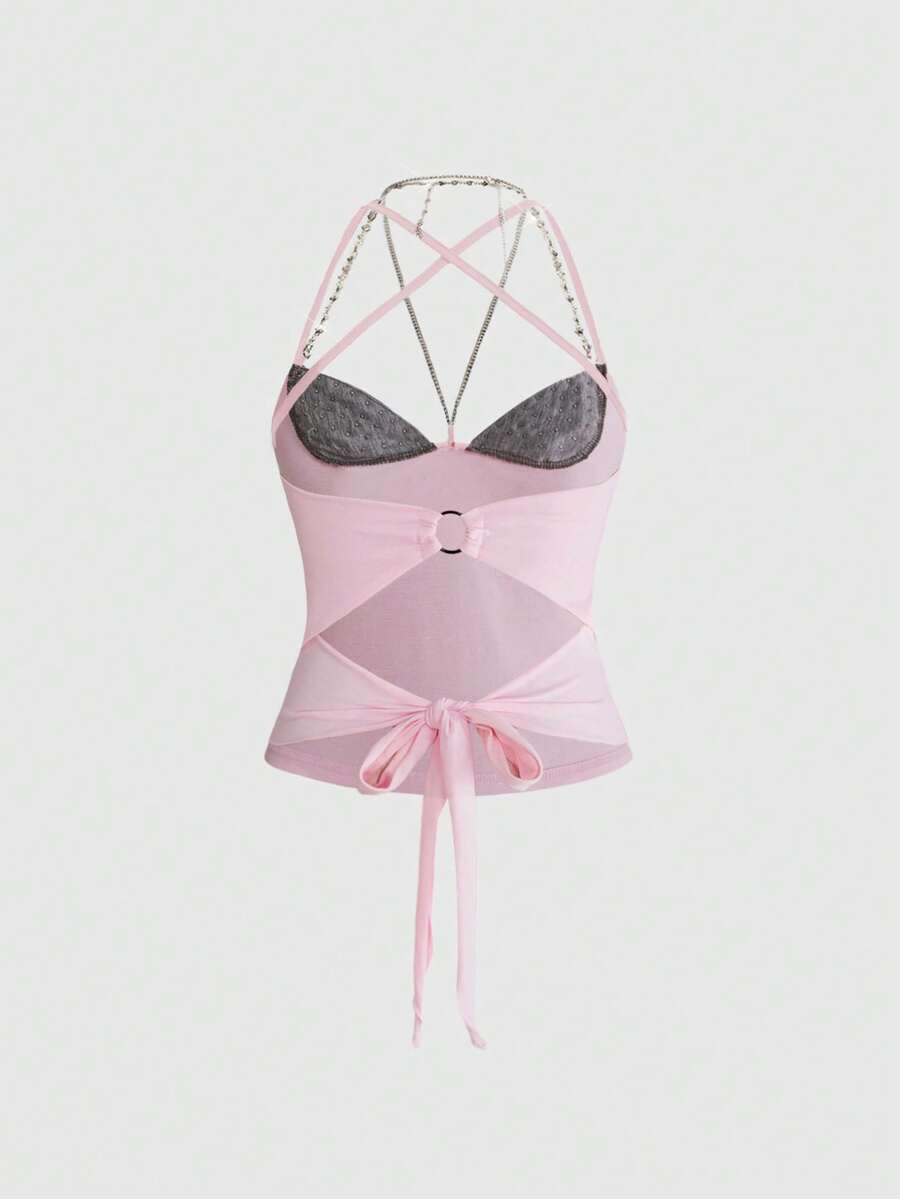 Y2K grunge punk halter backless crop top with criss-cross tie knot design and matching arm sleeves.