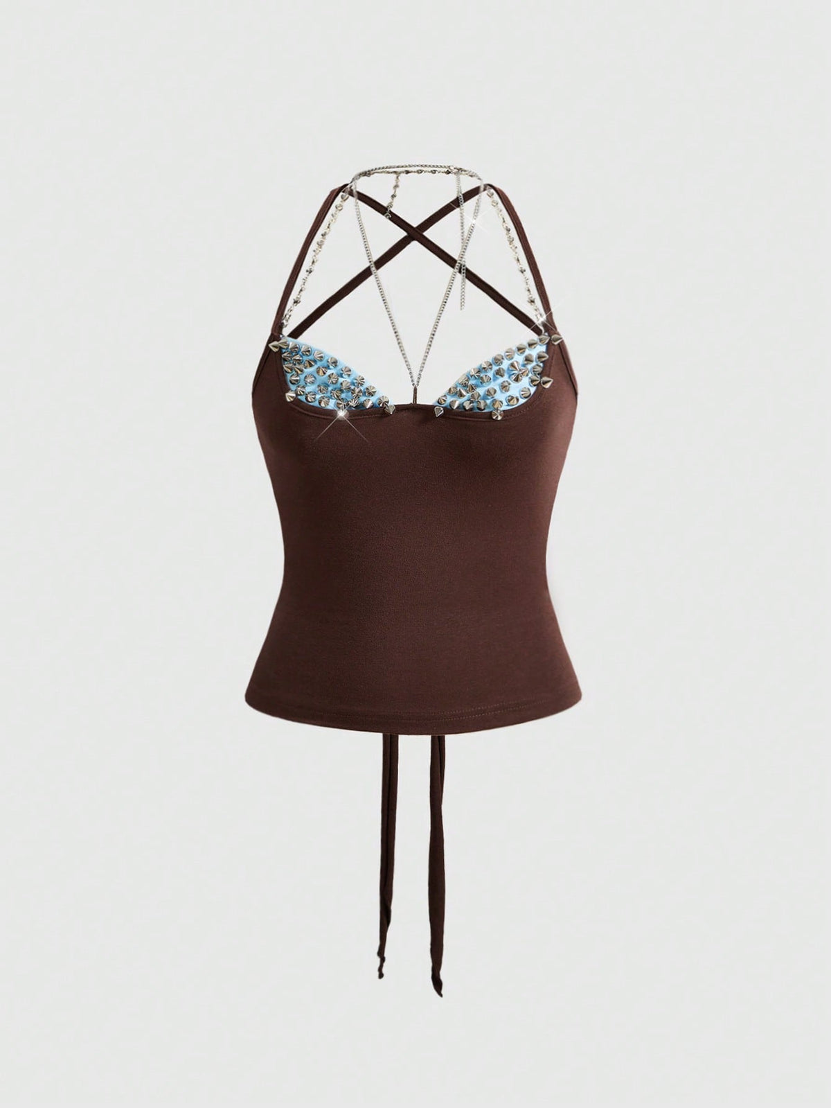 Y2K grunge punk halter backless crop top with criss-cross tie knot design and matching arm sleeves.