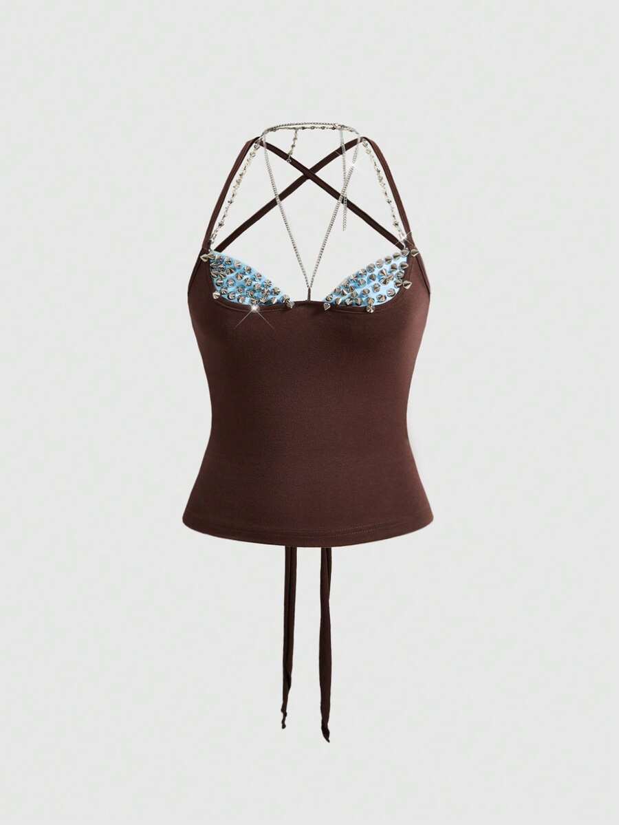 Y2K grunge punk halter backless crop top with criss-cross tie knot design and matching arm sleeves.