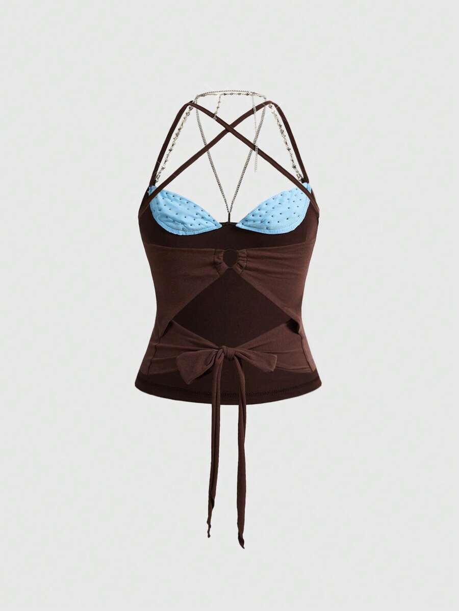 Y2K grunge punk halter backless crop top with criss-cross tie knot design and matching arm sleeves.