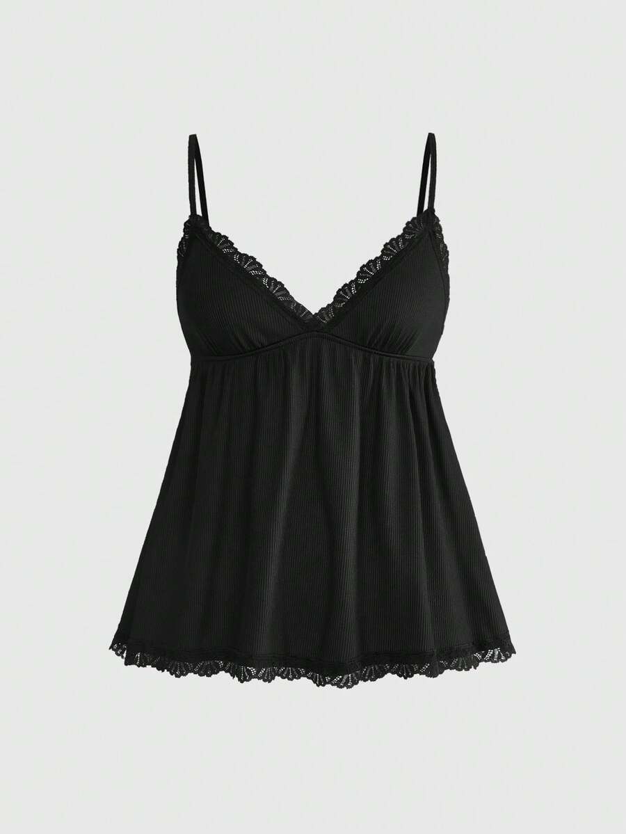 Ribbed lace camisole and shorts pajama set with spaghetti straps, bow detail, and contrast lace trim