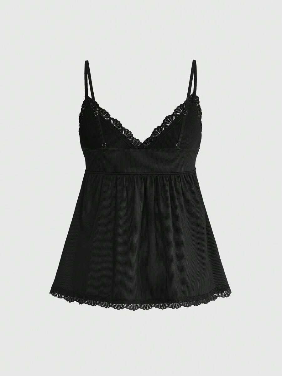 Ribbed lace camisole and shorts pajama set with spaghetti straps, bow detail, and contrast lace trim