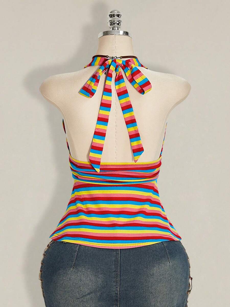 Women's backless halter babydoll tank top featuring a square neckline, slim fit silhouette, and a flared ruffle hem.