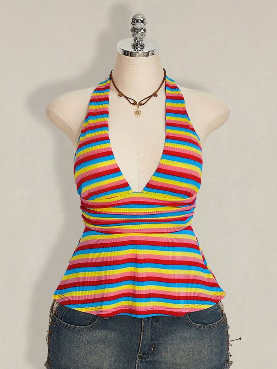 Women's backless halter babydoll tank top featuring a square neckline, slim fit silhouette, and a flared ruffle hem.