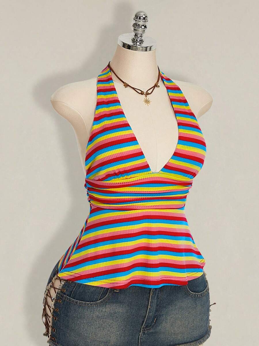 Women's backless halter babydoll tank top featuring a square neckline, slim fit silhouette, and a flared ruffle hem.