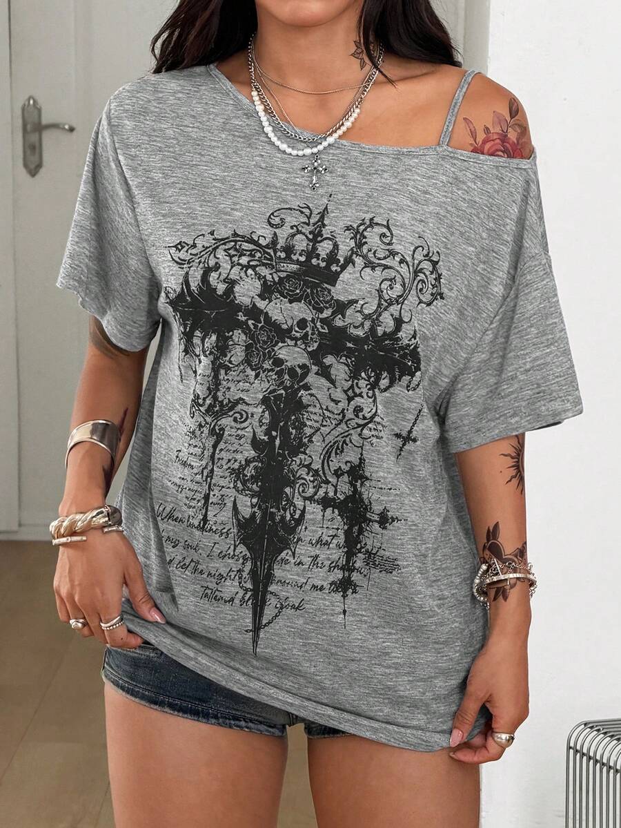 Women's casual loose fit cold shoulder cotton t-shirt with asymmetrical cutout neckline and short sleeves.