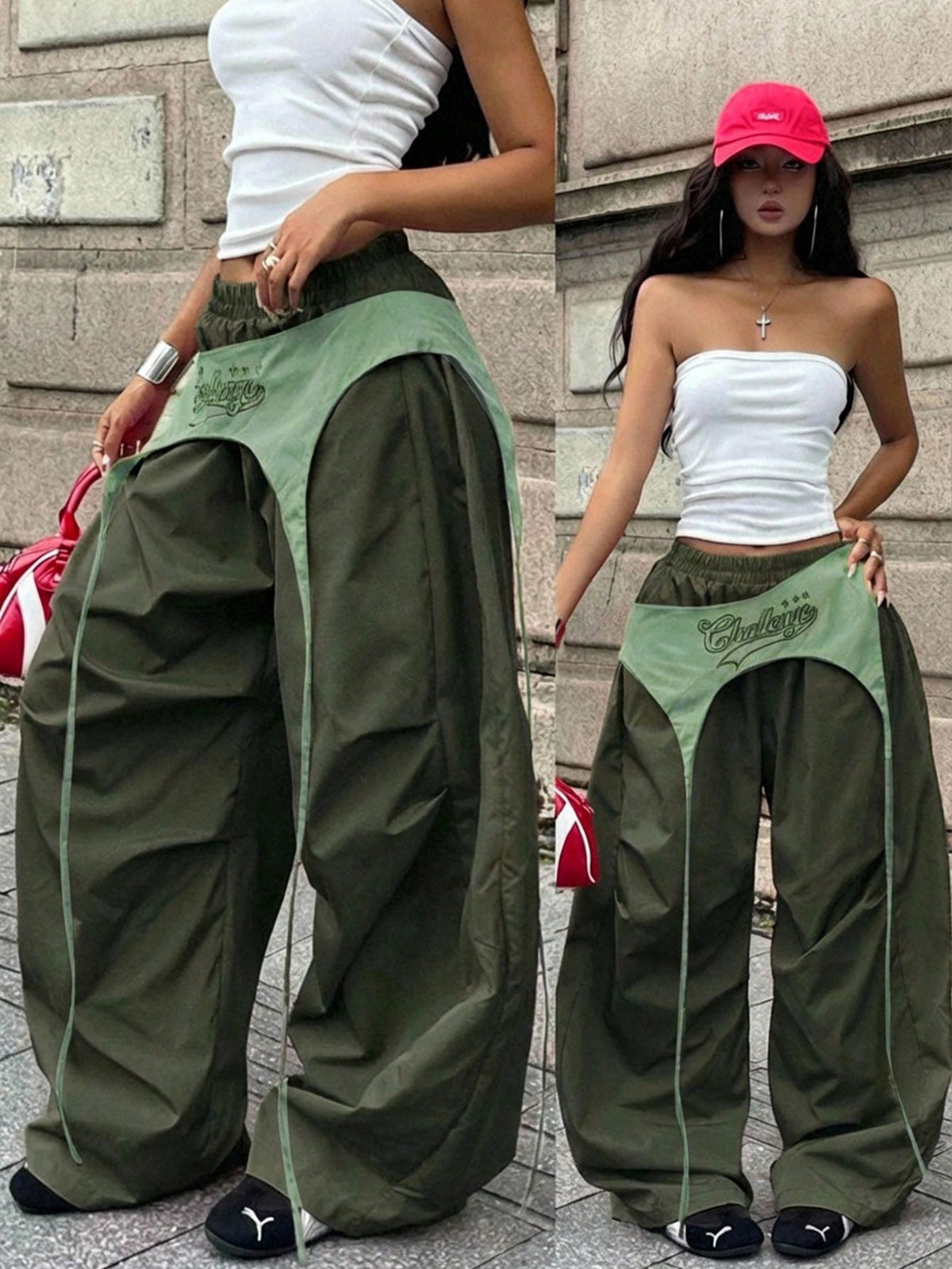 Women's casual wide leg long pants featuring an elastic drawstring waistband and loose fit silhouette.