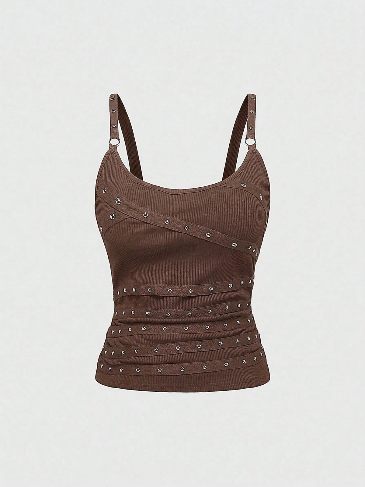 Women's wide-strap cami top featuring a grunge punk design with cut-out details, rhinestone embellishments, and grommet eyelets.