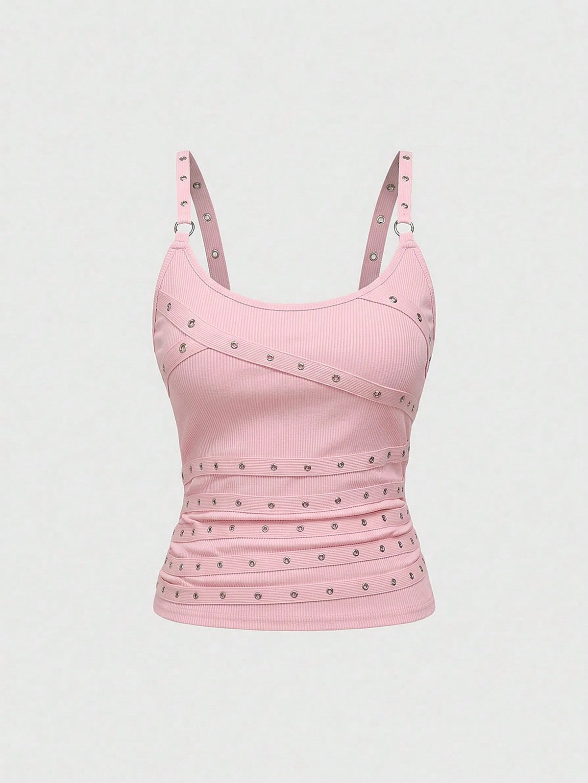Women's wide-strap cami top featuring a grunge punk design with cut-out details, rhinestone embellishments, and grommet eyelets.
