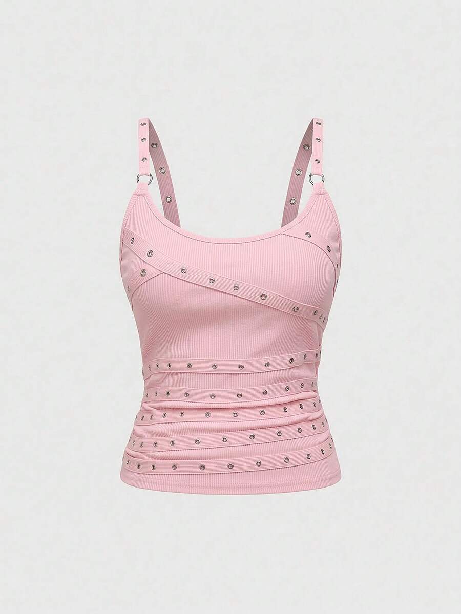 Women's wide-strap cami top featuring a grunge punk design with cut-out details, rhinestone embellishments, and grommet eyelets.