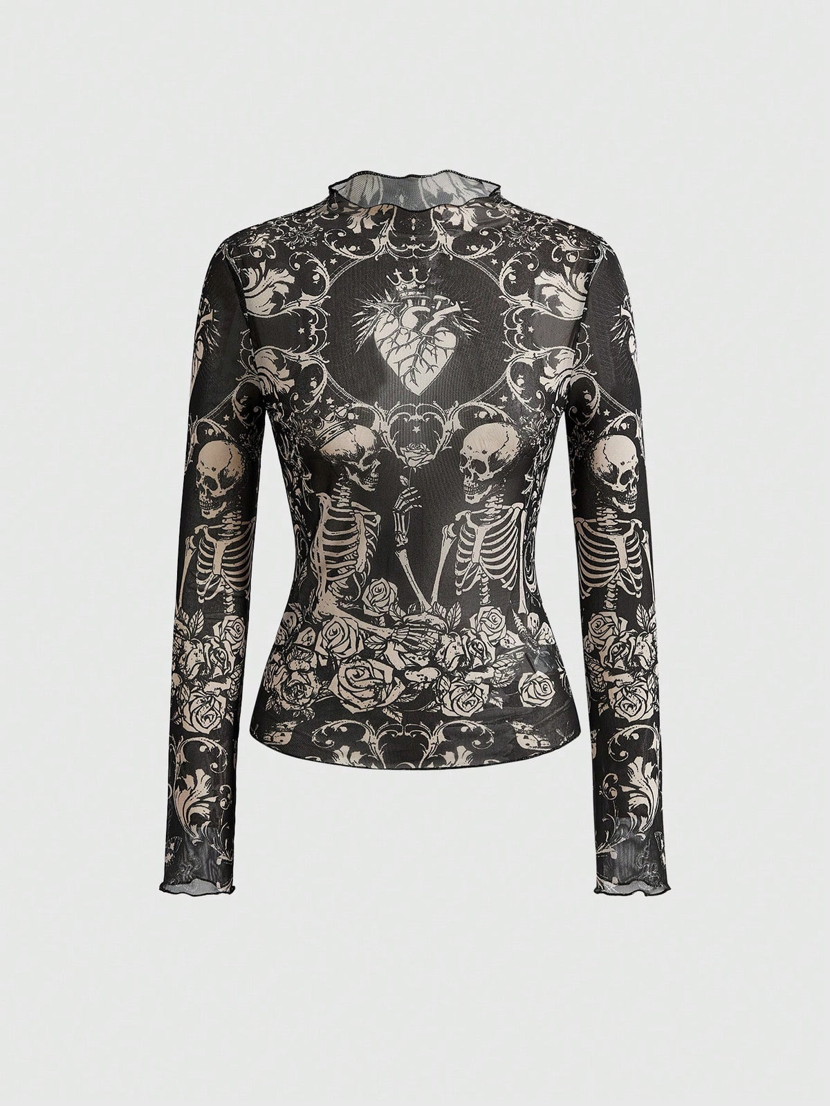 Women's sheer mesh slim fit top with allover vintage tattoo totem print, stand collar, and extra-long sleeves.