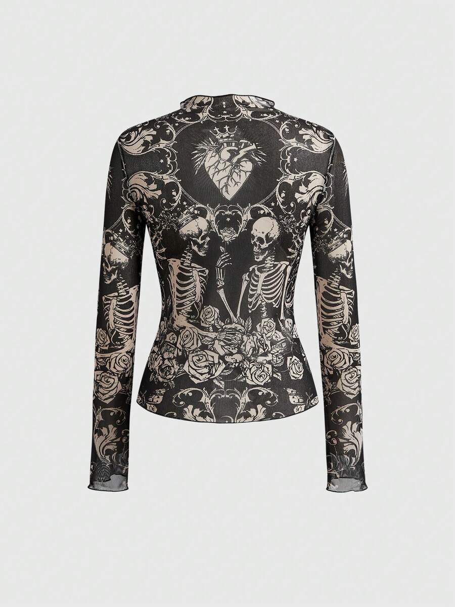 Women's sheer mesh slim fit top with allover vintage tattoo totem print, stand collar, and extra-long sleeves.