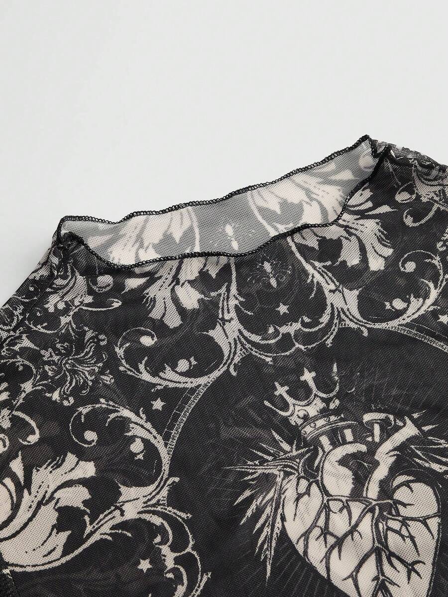 Women's sheer mesh slim fit top with allover vintage tattoo totem print, stand collar, and extra-long sleeves.