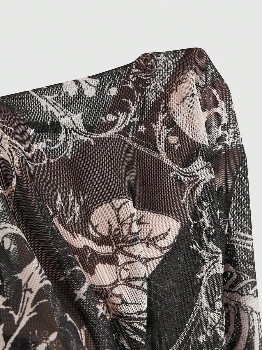 Women's sheer mesh slim fit top with allover vintage tattoo totem print, stand collar, and extra-long sleeves.