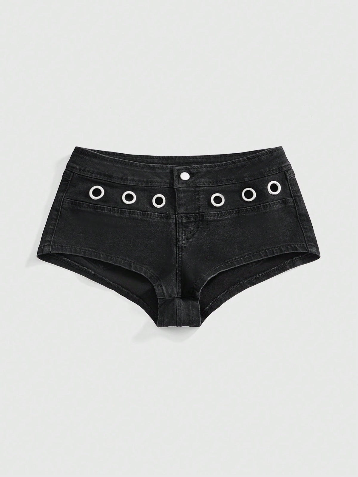 Women's ultra low waist camouflage mini skort shorts with zipper fly, button detail, and grommet eyelet accents.