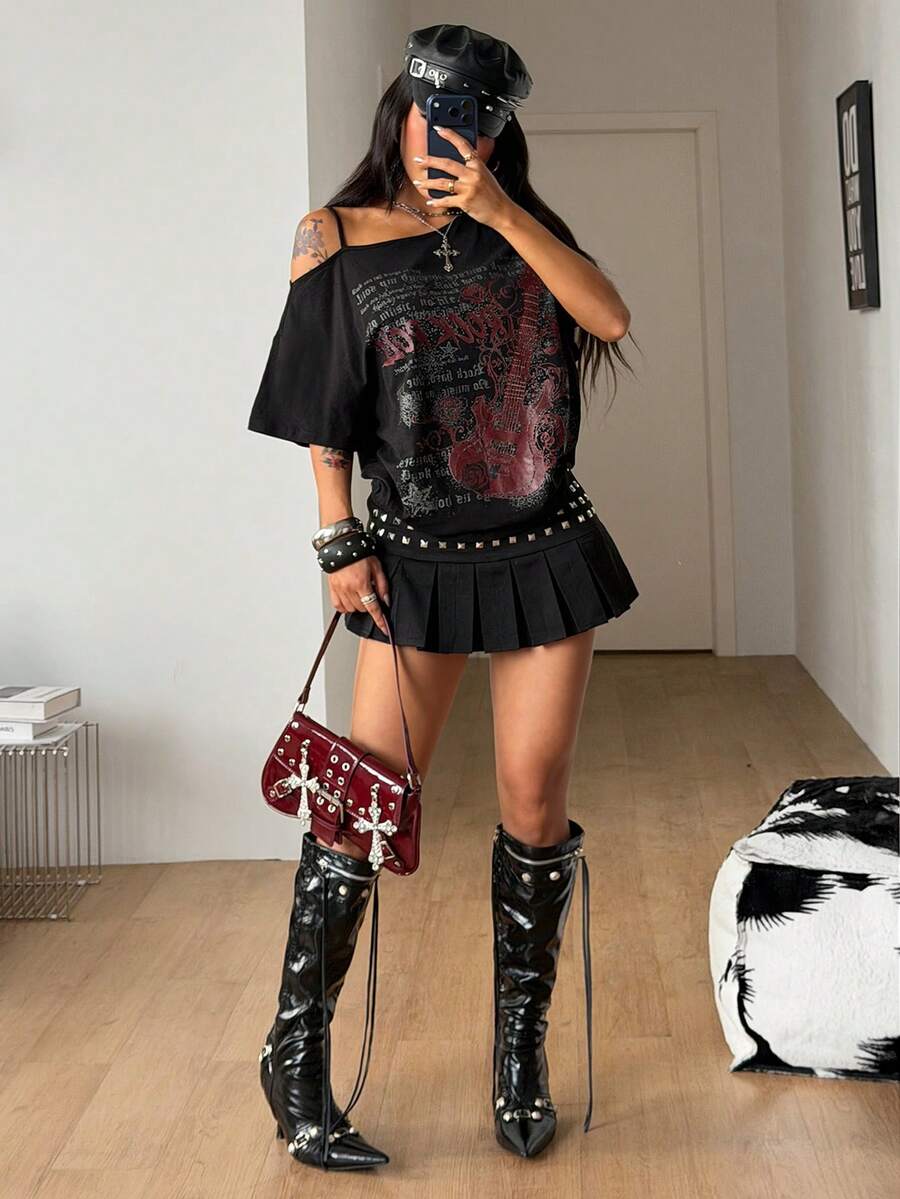 Women's casual loose fit cold shoulder cotton t-shirt with asymmetrical cutout neckline and short sleeves.