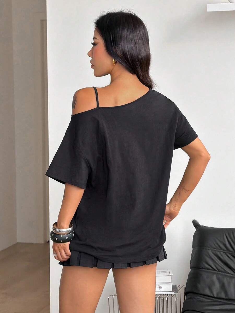 Women's casual loose fit cold shoulder cotton t-shirt with asymmetrical cutout neckline and short sleeves.