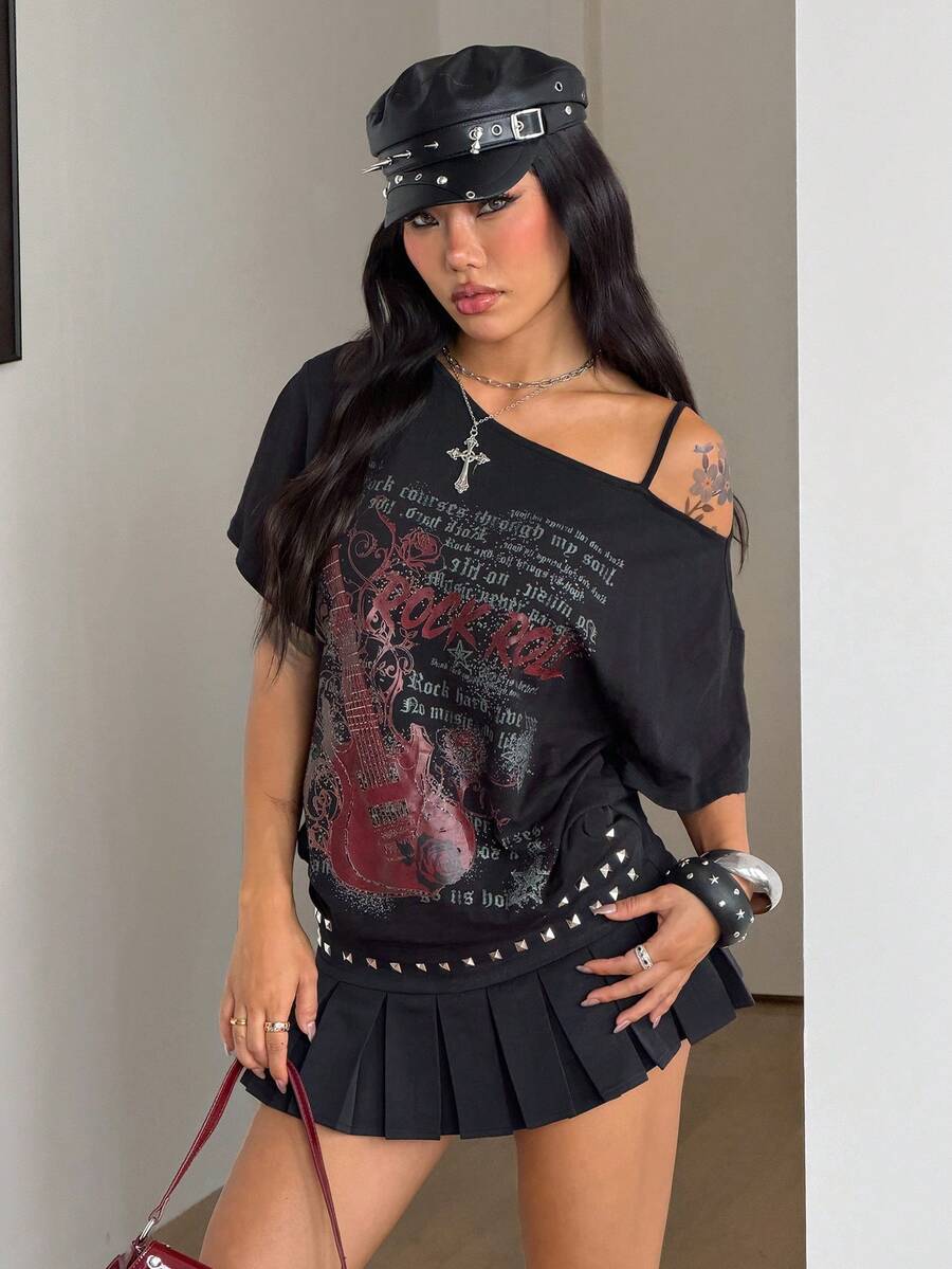 Women's casual loose fit cold shoulder cotton t-shirt with asymmetrical cutout neckline and short sleeves.