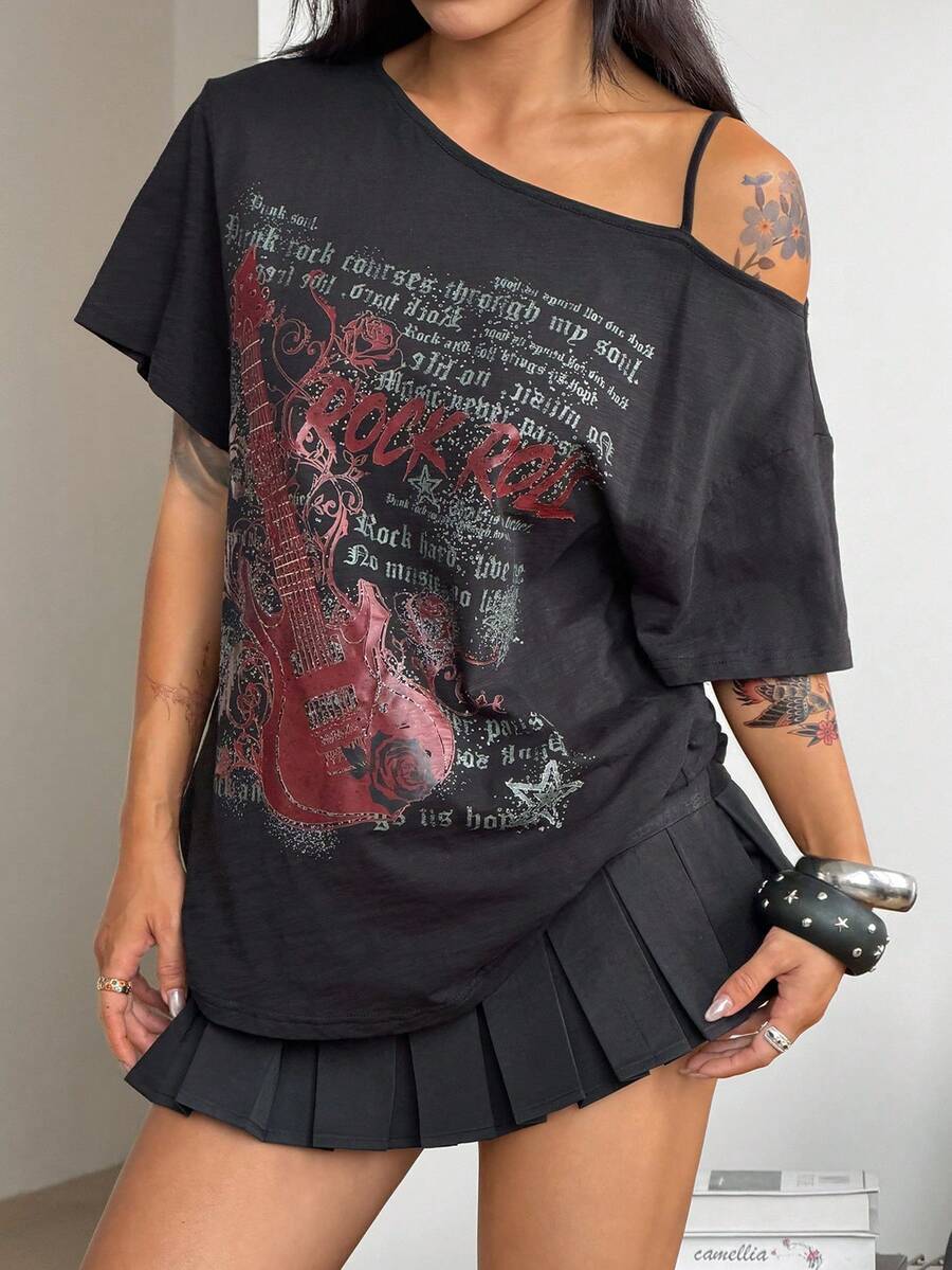 Women's casual loose fit cold shoulder cotton t-shirt with asymmetrical cutout neckline and short sleeves.
