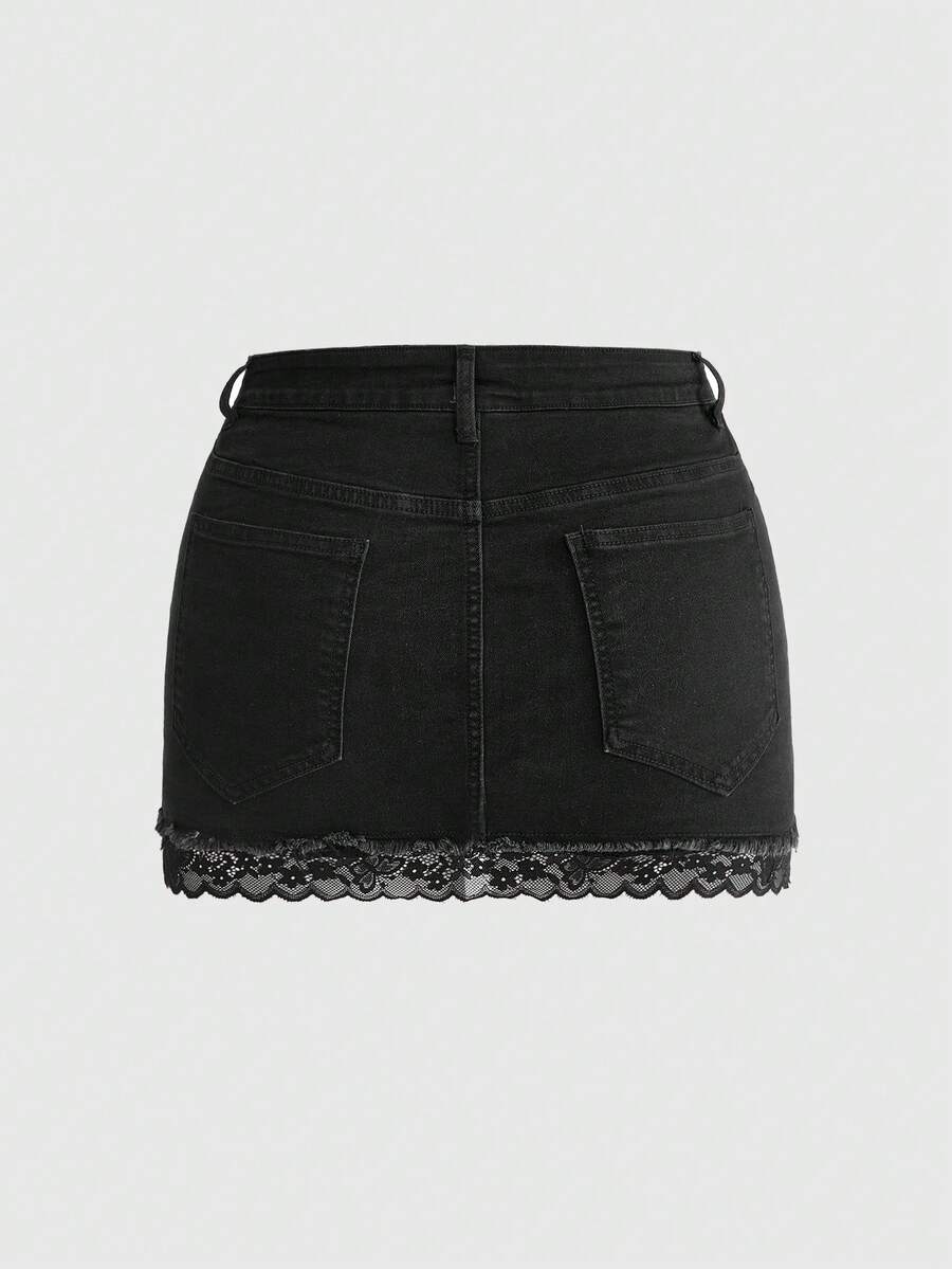 Front view of a women's plus size denim mini skirt with contrast lace trim and a fitted silhouette.