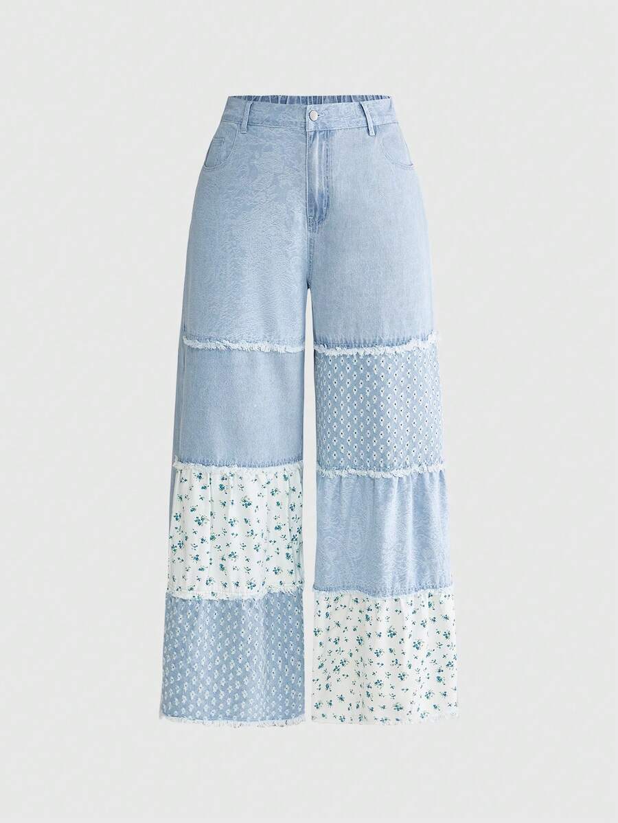 Women's plus size baby blue patchwork denim jeans featuring a loose straight leg cut, zipper fly, and pocket detailing.