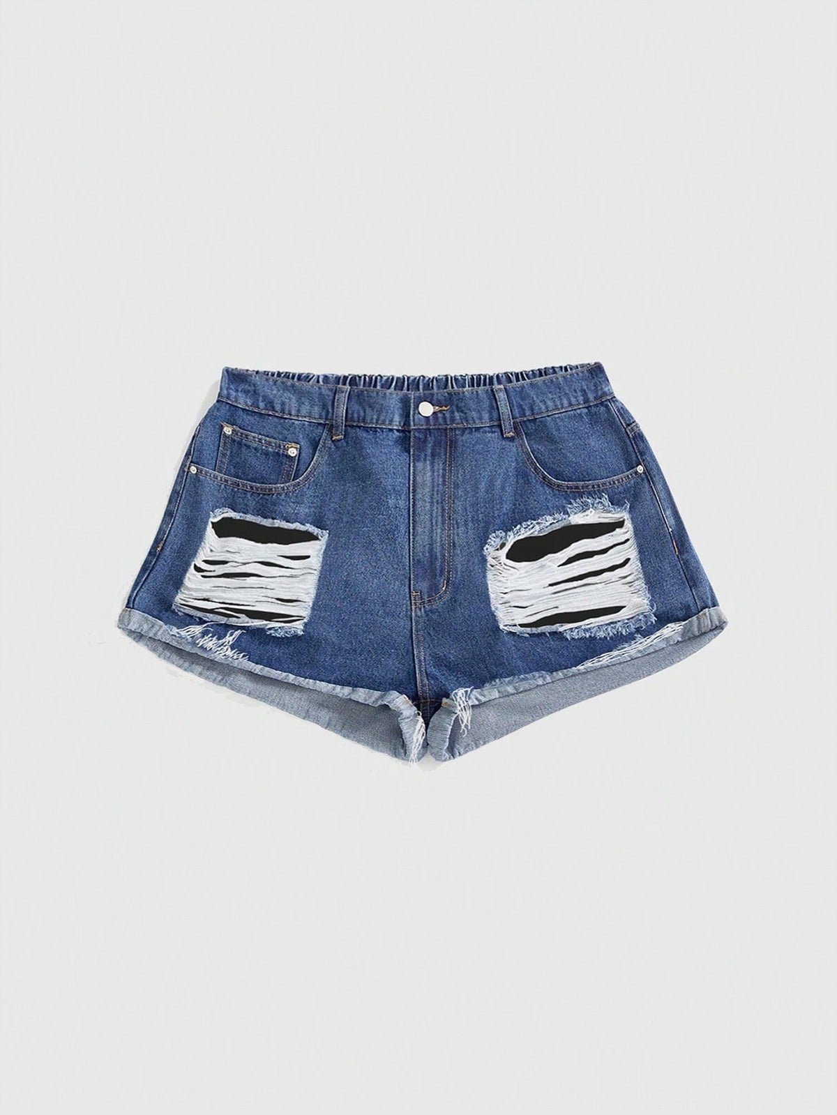 Front view of women's ripped denim shorts featuring raw hem, zipper fly, and pockets