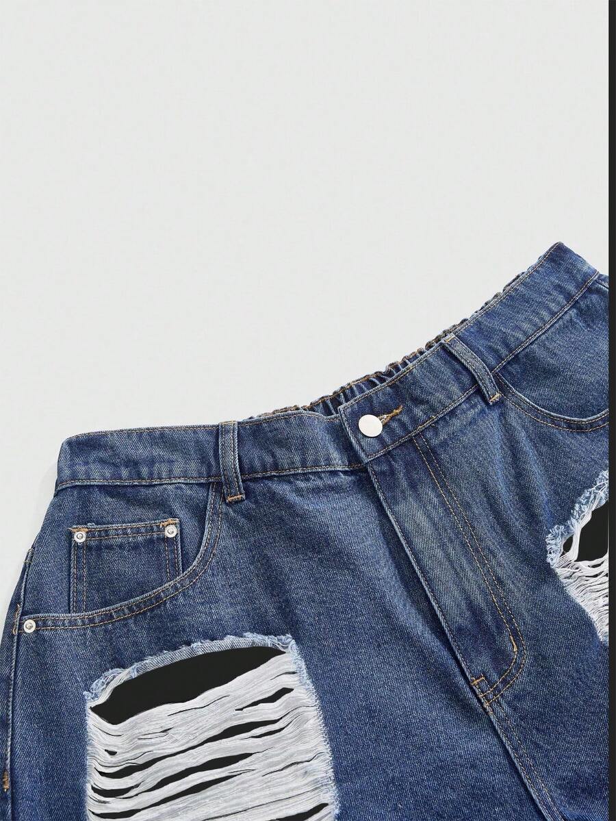 Front view of women's ripped denim shorts featuring raw hem, zipper fly, and pockets