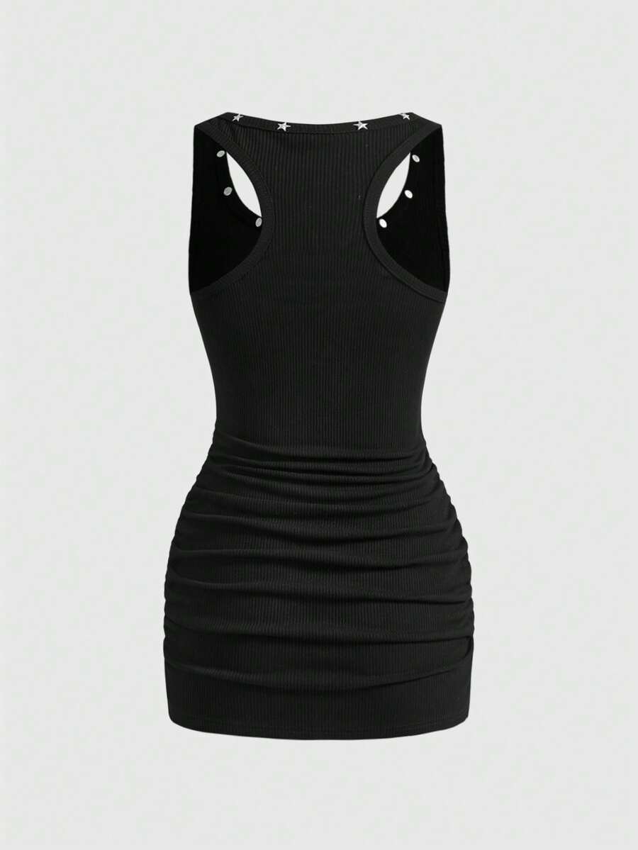 Women's sleeveless star print tank mini dress featuring a scoop neckline and slim fit in black knitted fabric.