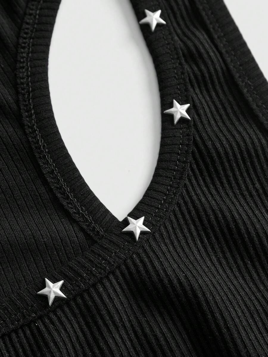 Women's sleeveless star print tank mini dress featuring a scoop neckline and slim fit in black knitted fabric.