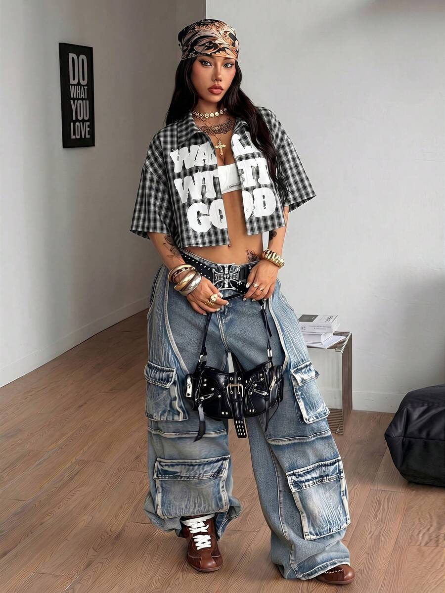 Women's plaid crop shirt with button front, chest pocket, short sleeves, and loose casual fit.