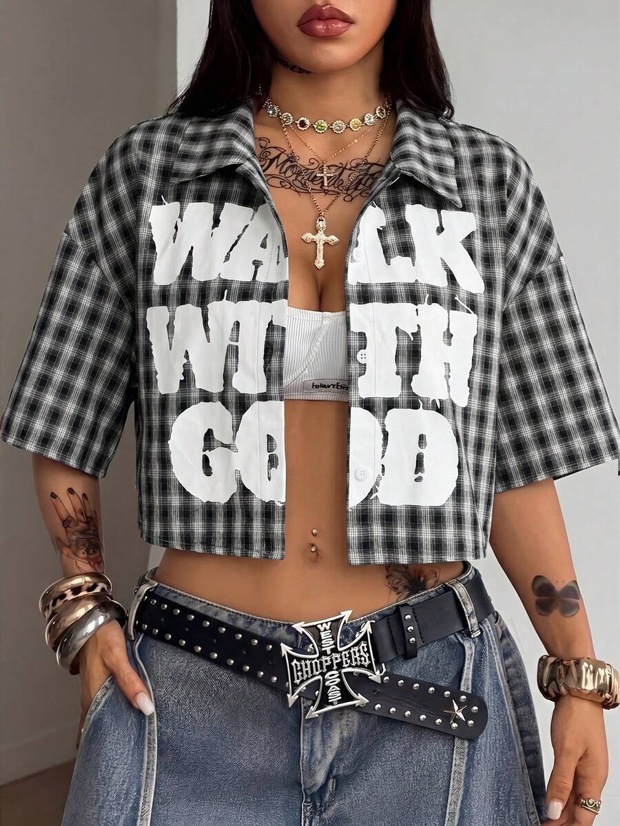 Women's plaid crop shirt with button front, chest pocket, short sleeves, and loose casual fit.