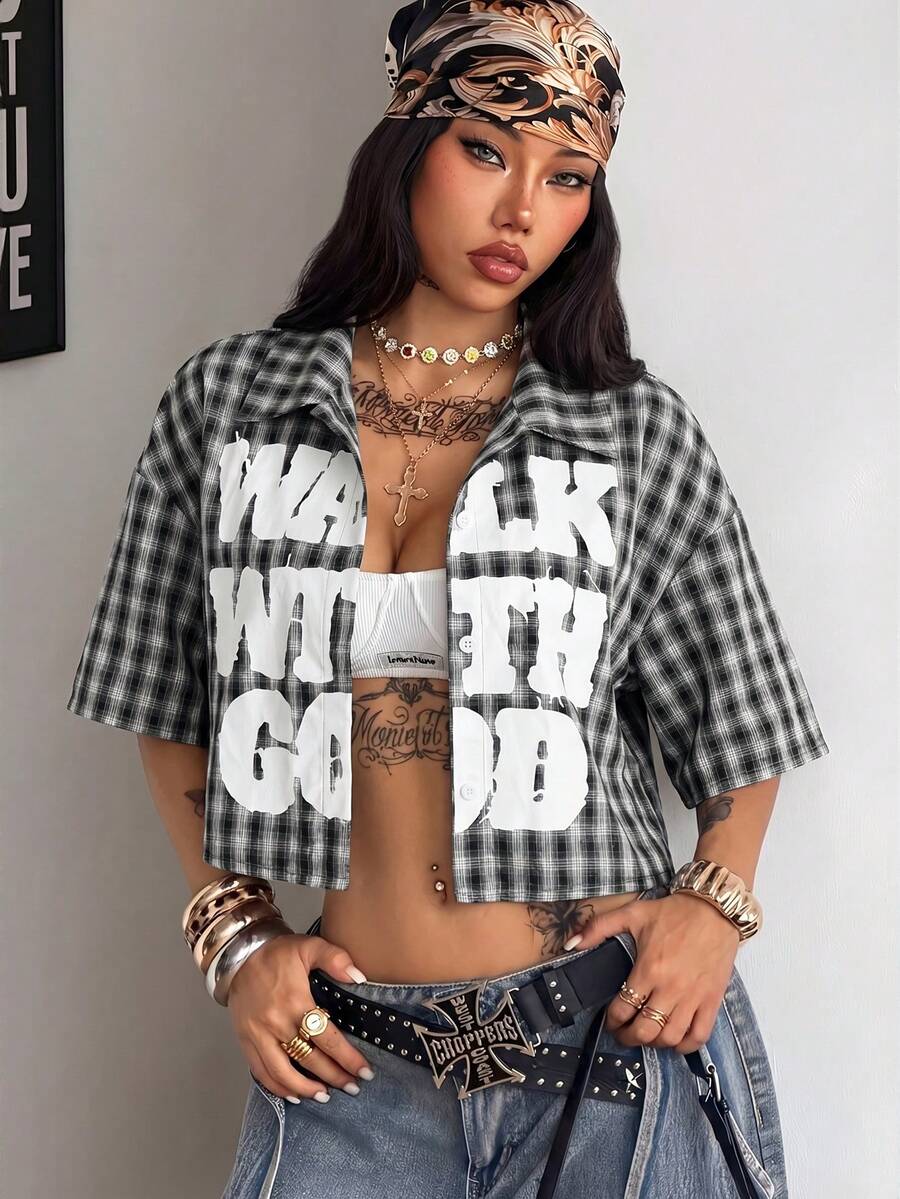 Women's plaid crop shirt with button front, chest pocket, short sleeves, and loose casual fit.
