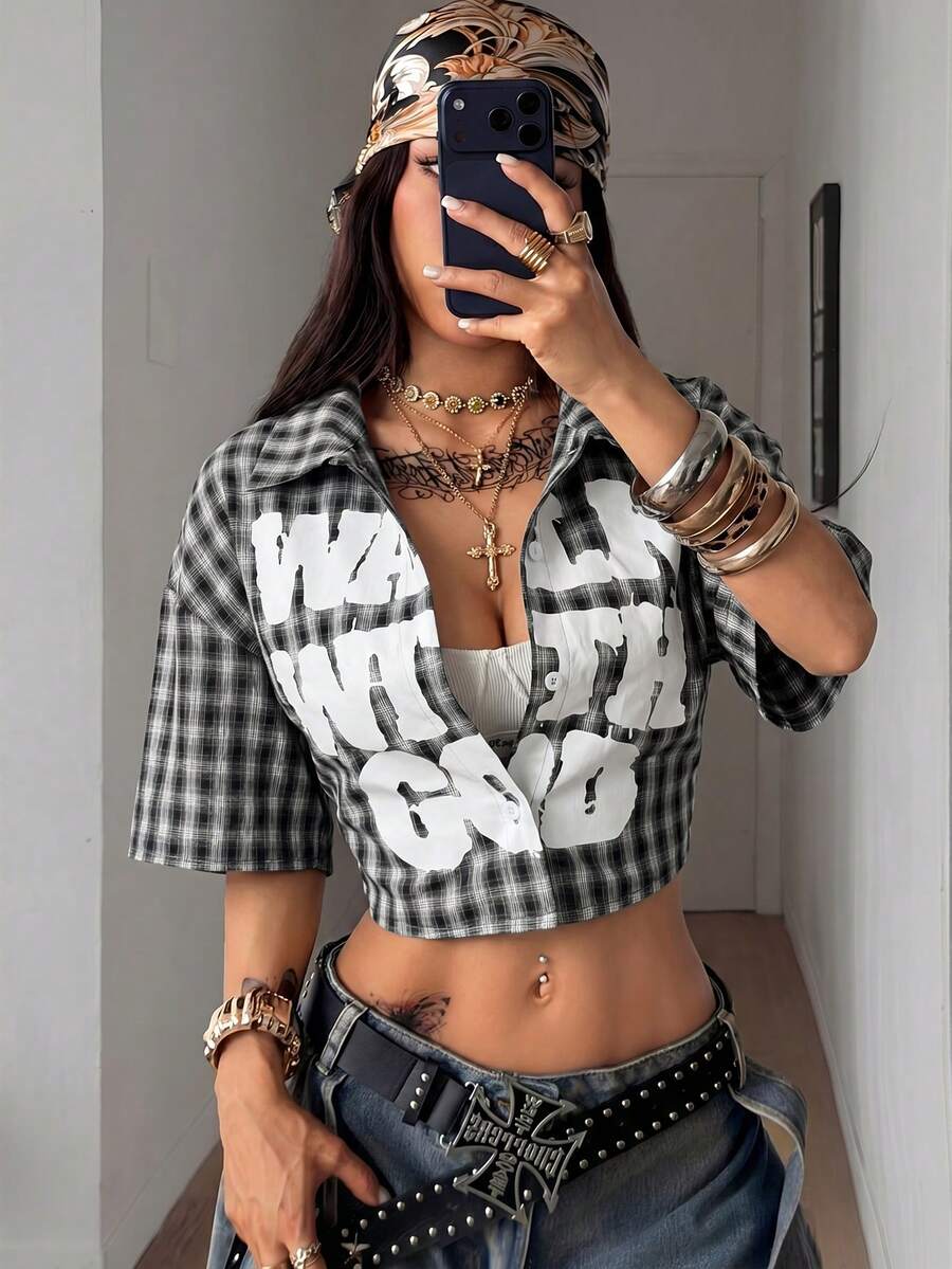 Women's plaid crop shirt with button front, chest pocket, short sleeves, and loose casual fit.