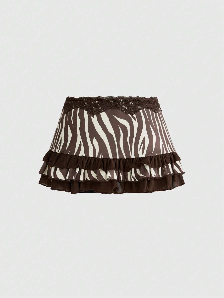 Women's black low-waist mini skirt with drawstring tie, ruched details, lace trim, layered ruffle hem, and asymmetric styling