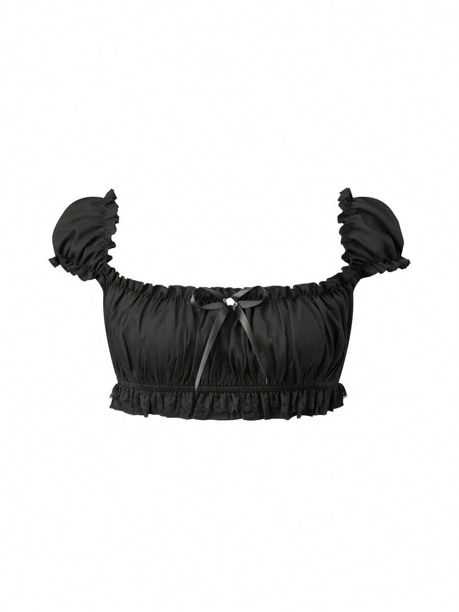 Women's Y2K off-shoulder short sleeve micro crop top with frill trim and ruched bust.
