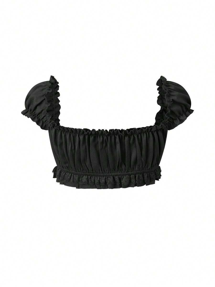 Women's Y2K off-shoulder short sleeve micro crop top with frill trim and ruched bust.