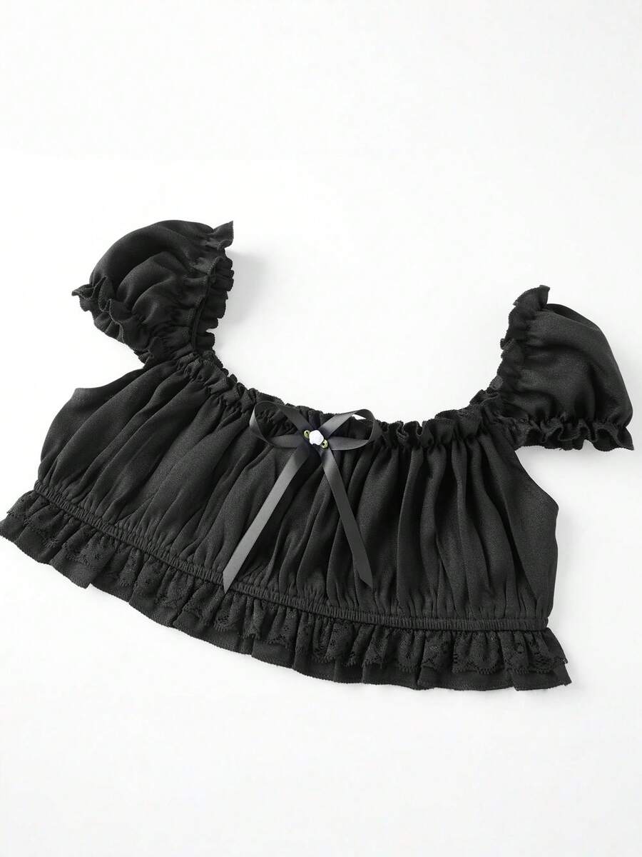 Women's Y2K off-shoulder short sleeve micro crop top with frill trim and ruched bust.