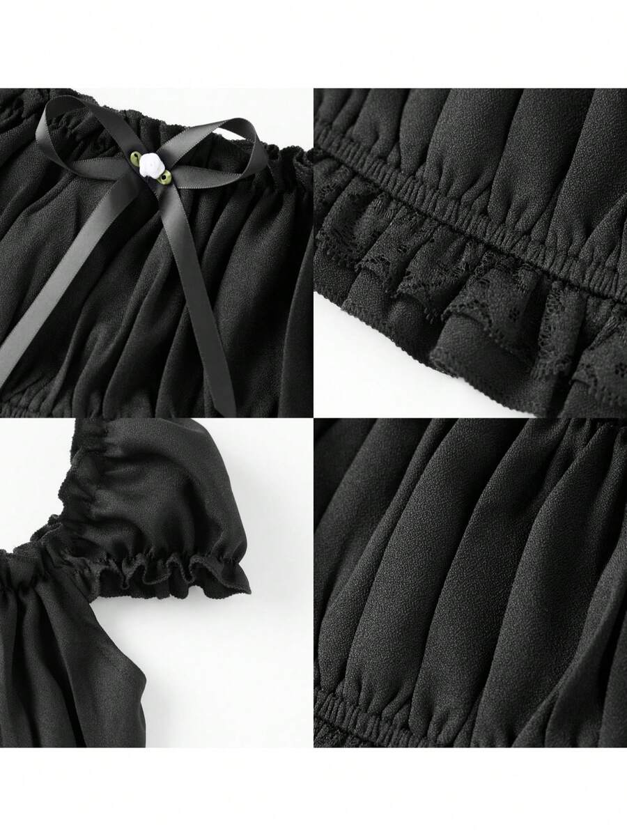 Women's Y2K off-shoulder short sleeve micro crop top with frill trim and ruched bust.