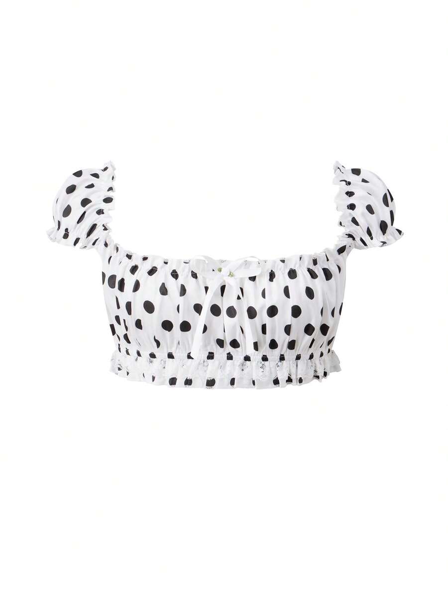 Women's Y2K off-shoulder short sleeve micro crop top with frill trim and ruched bust.