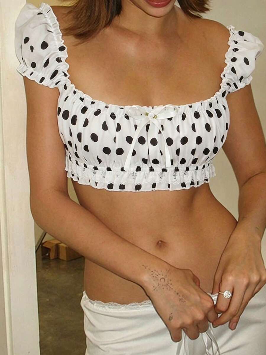 Women's Y2K off-shoulder short sleeve micro crop top with frill trim and ruched bust.