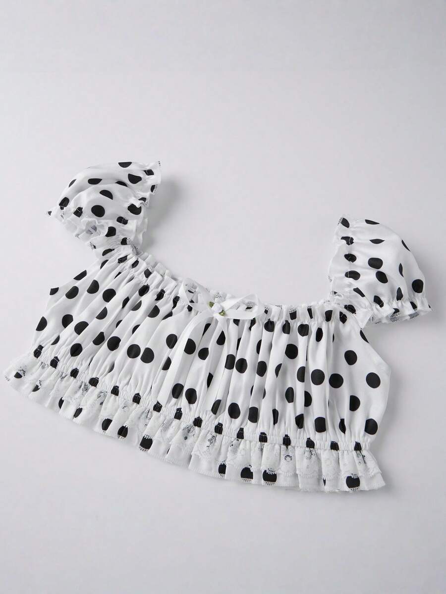 Women's Y2K off-shoulder short sleeve micro crop top with frill trim and ruched bust.