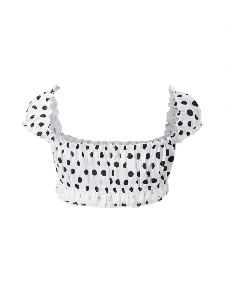 Women's Y2K off-shoulder short sleeve micro crop top with frill trim and ruched bust.