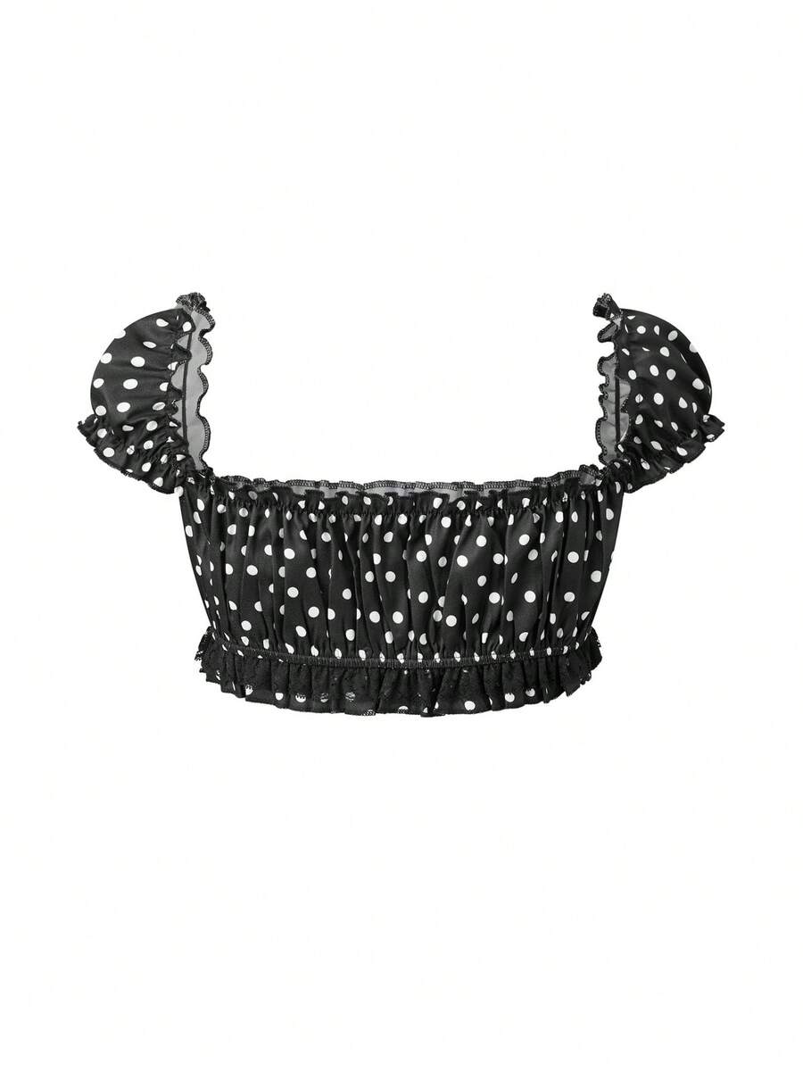 Women's Y2K off-shoulder short sleeve micro crop top with frill trim and ruched bust.