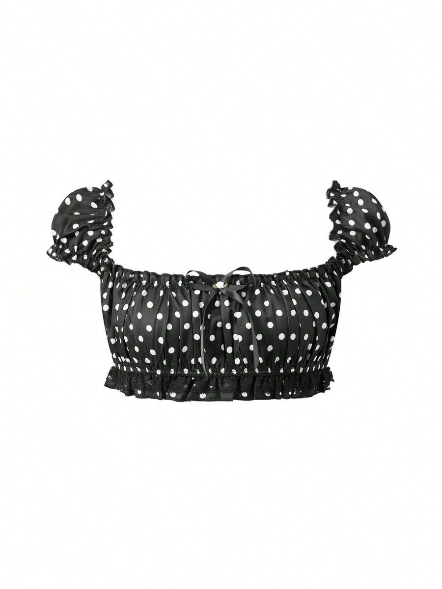 Women's Y2K off-shoulder short sleeve micro crop top with frill trim and ruched bust.
