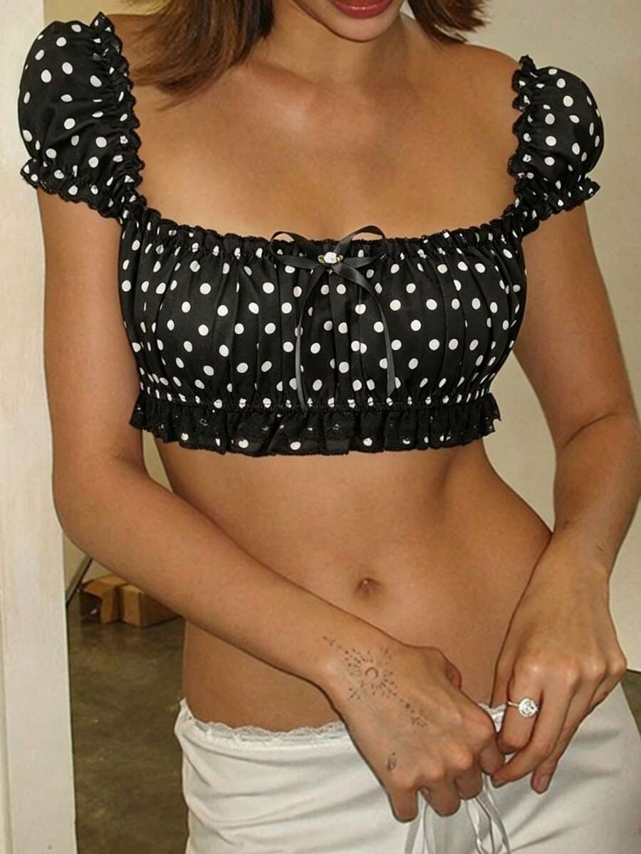 Women's Y2K off-shoulder short sleeve micro crop top with frill trim and ruched bust.