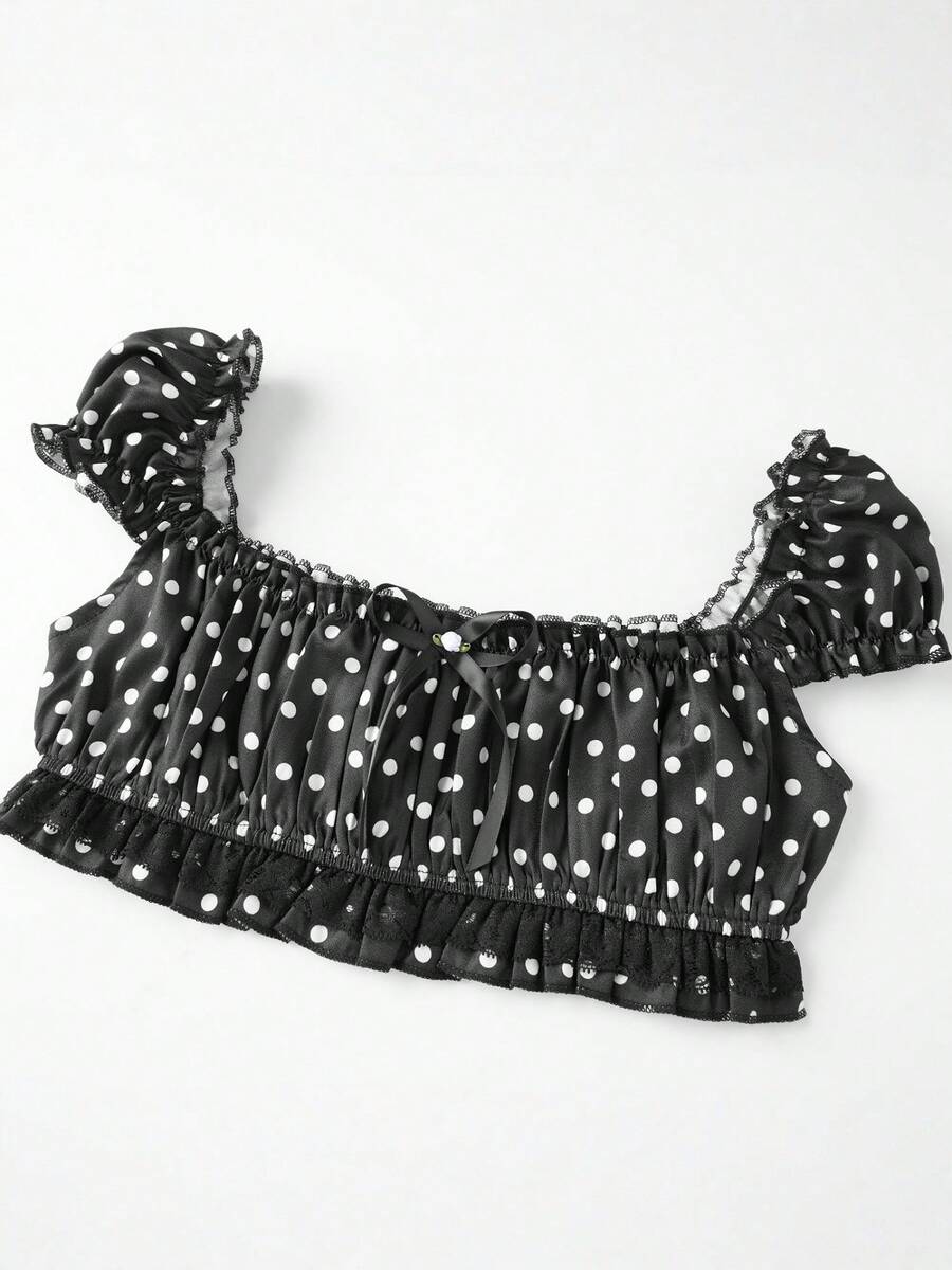 Women's Y2K off-shoulder short sleeve micro crop top with frill trim and ruched bust.