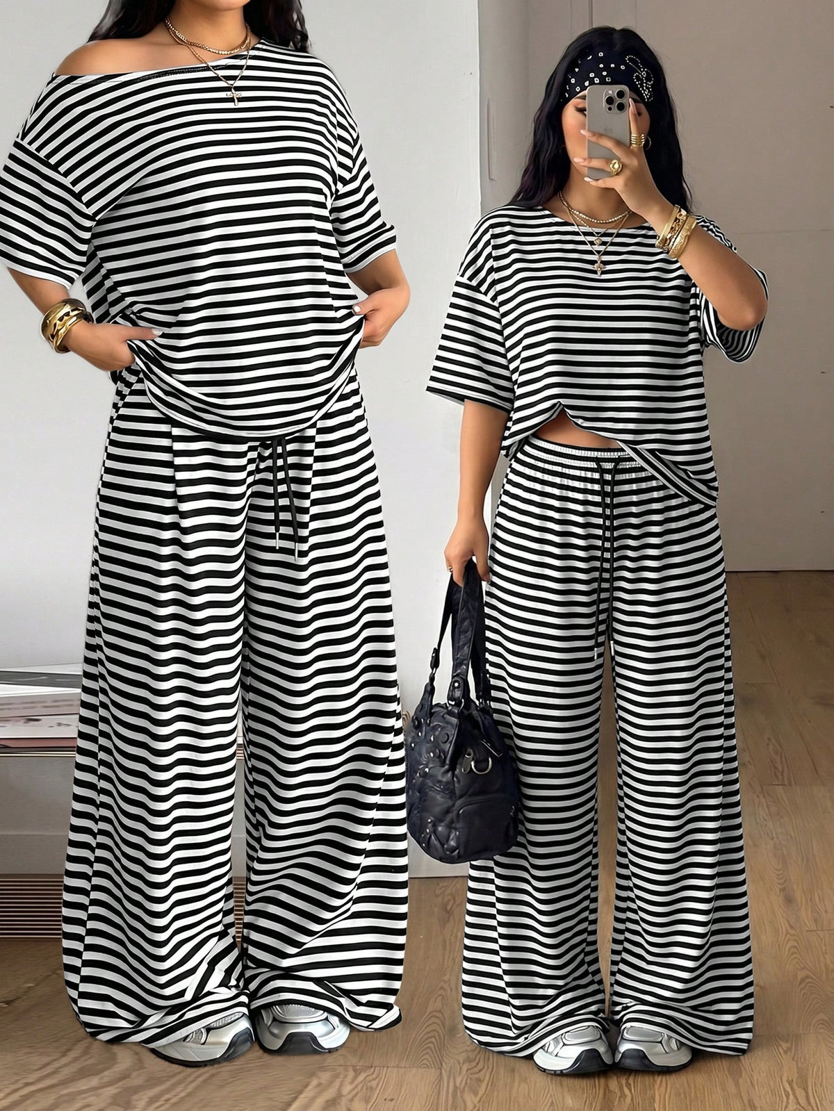 Women's casual two-piece outfit featuring a loose short-sleeve asymmetrical neck t-shirt and matching long wide leg pants with pockets.