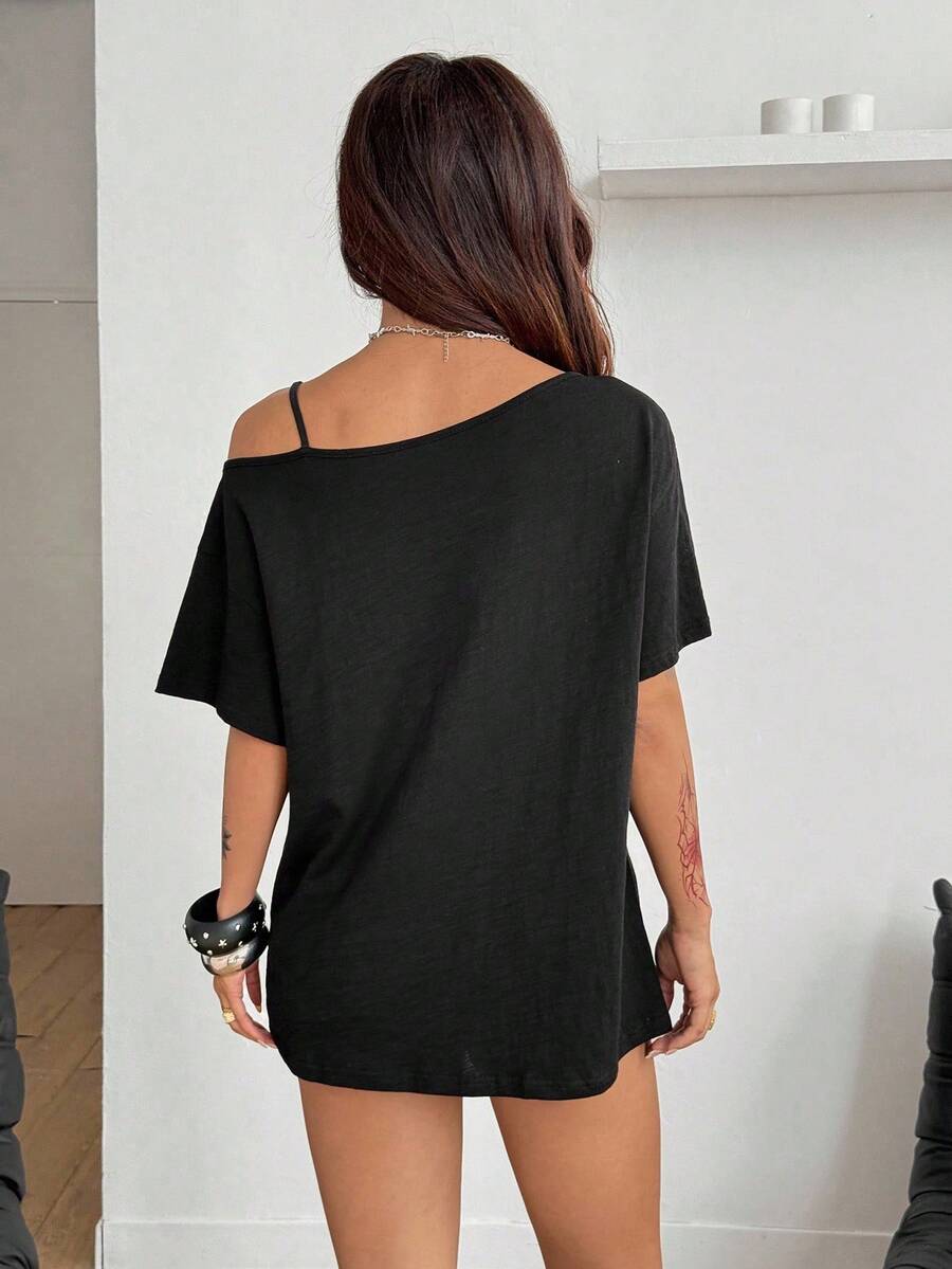 Women's casual loose fit cold shoulder cotton t-shirt with asymmetrical cutout neckline and short sleeves.