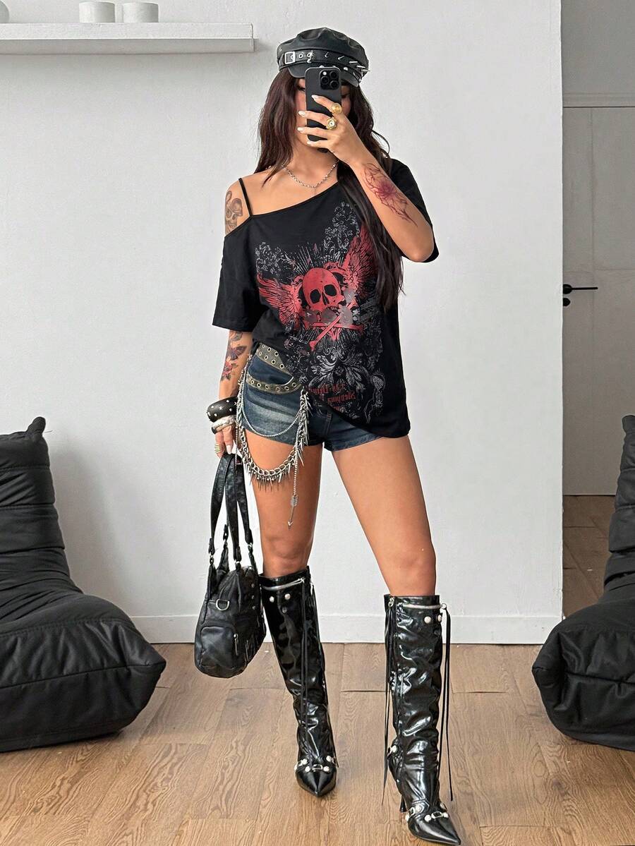 Women's casual loose fit cold shoulder cotton t-shirt with asymmetrical cutout neckline and short sleeves.