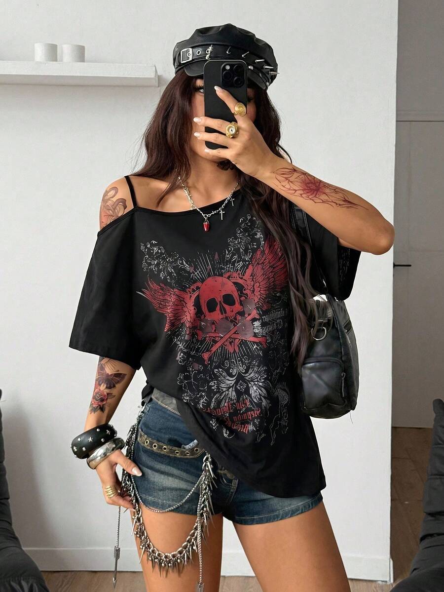 Women's casual loose fit cold shoulder cotton t-shirt with asymmetrical cutout neckline and short sleeves.